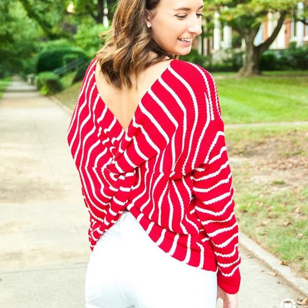 Red Striped Twist Back Sweater